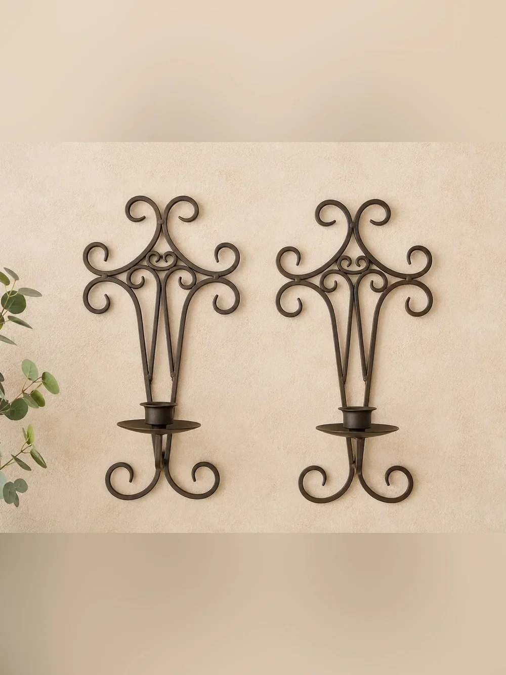 Vintage Pair Wrought Iron Sconces Wall Hanging Scrollwork Pillar Candle Holder